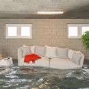 A basement flooded with water. You can see a couch, nightstand with lamp, and potted plant afloat above the water.