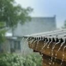 Heavy rain hitting and sliding off of a home with a metal roof